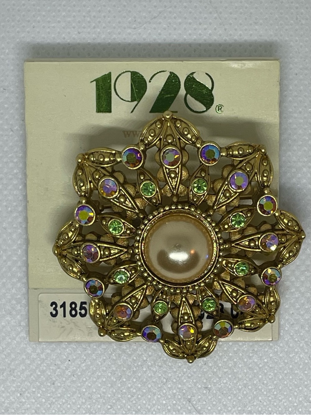 1928 Retired Gold-Tone Brooch with Faux Pearl&Aurora Borealis & Green Crystals